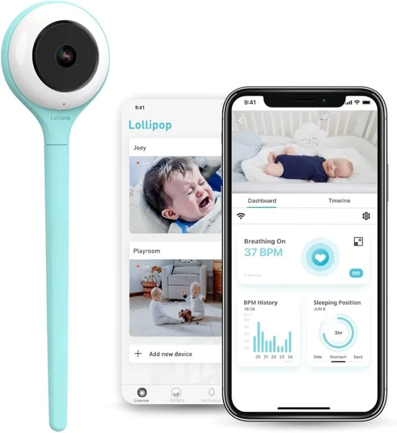 Lollipop Baby Monitor — bendable silicone monitor with true cry detection and 1080p